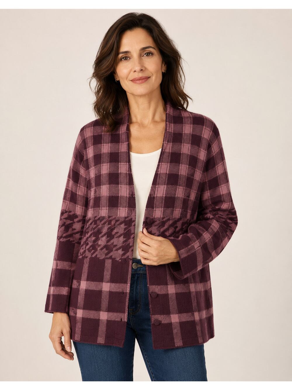 QVC Purple Plaid Houndstooth Long Cardigan Sweater Women's Large Cotton Blend